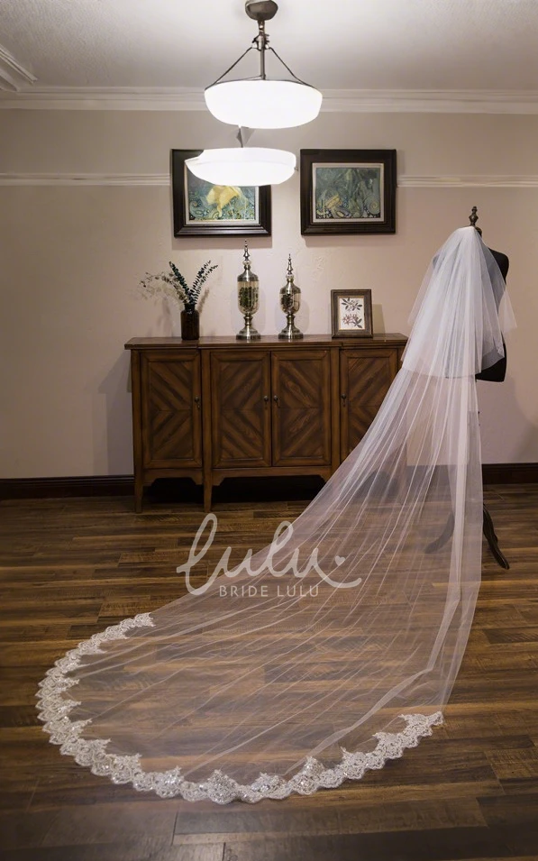 Modern Sparkly Boho Lace Sequins Tulle Two Tier Cathedral Length WeddingVeils with Comb