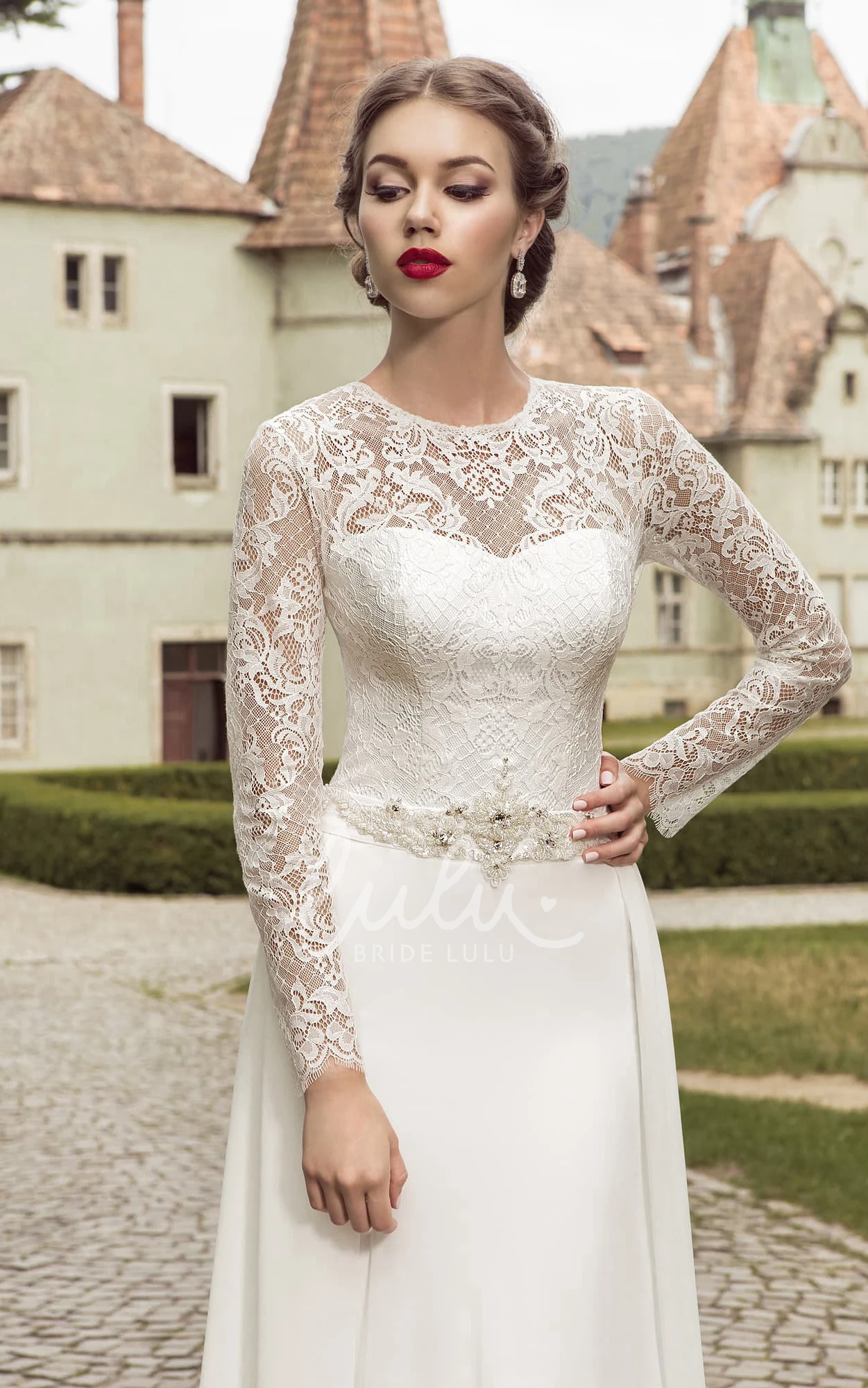 Lace Top Long Sleeve Dress with Crystal Detailing for Prom