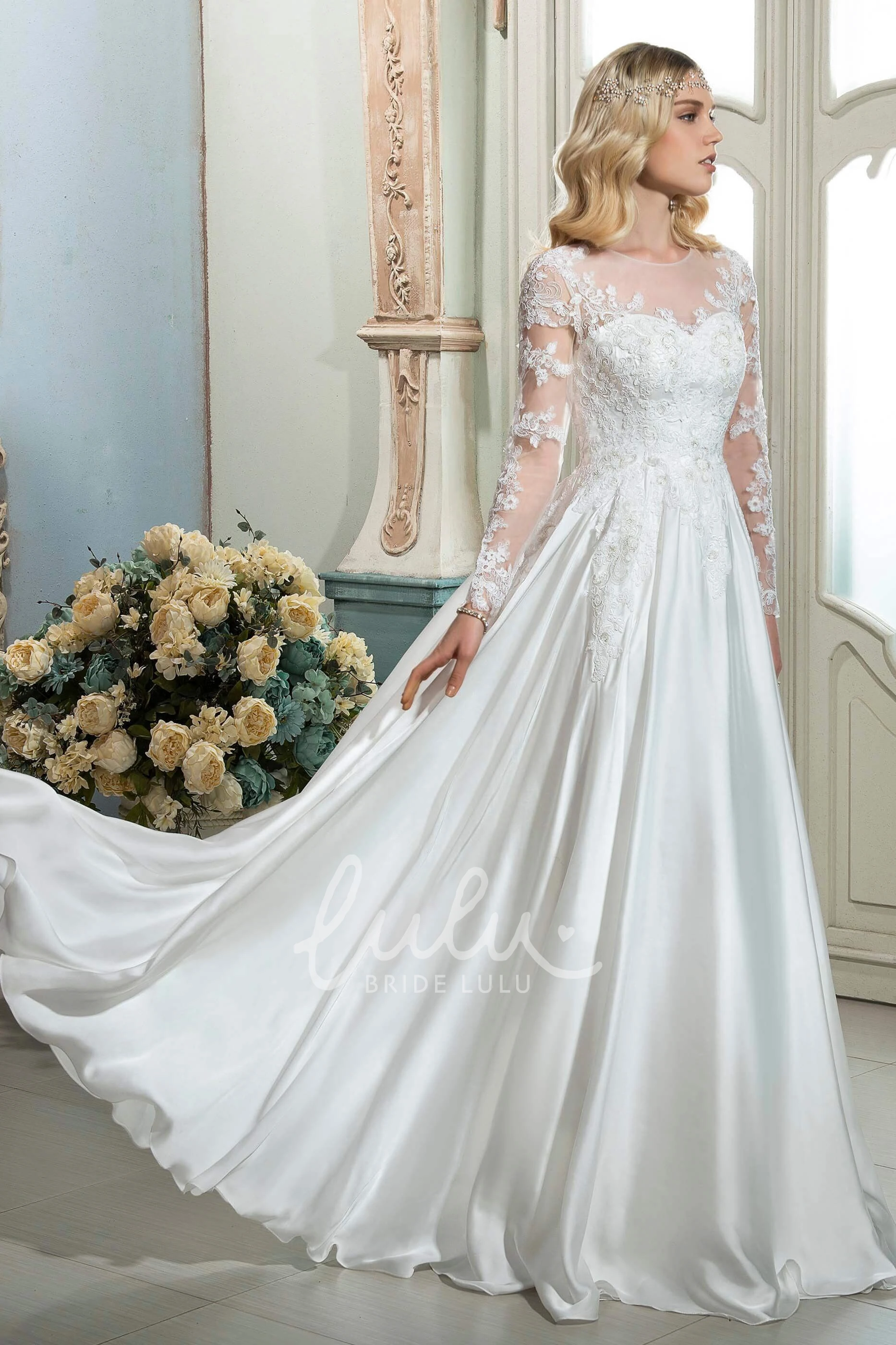 A-line Ethereal Lace Wedding Dress with Illusion Long Sleeves and Button Back