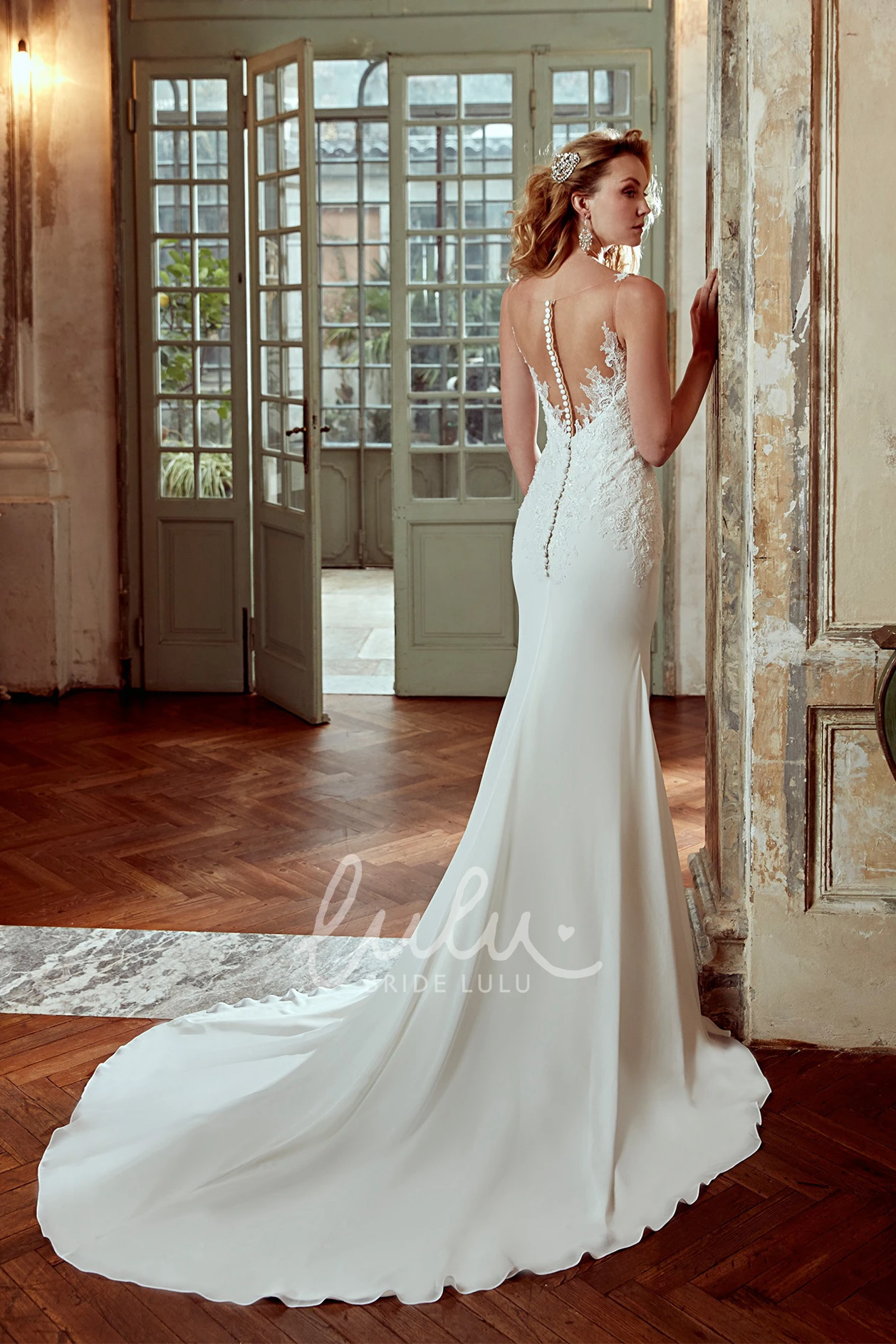 Lace Floral Straps V-Neck Sheath Wedding Dress with Brush Train