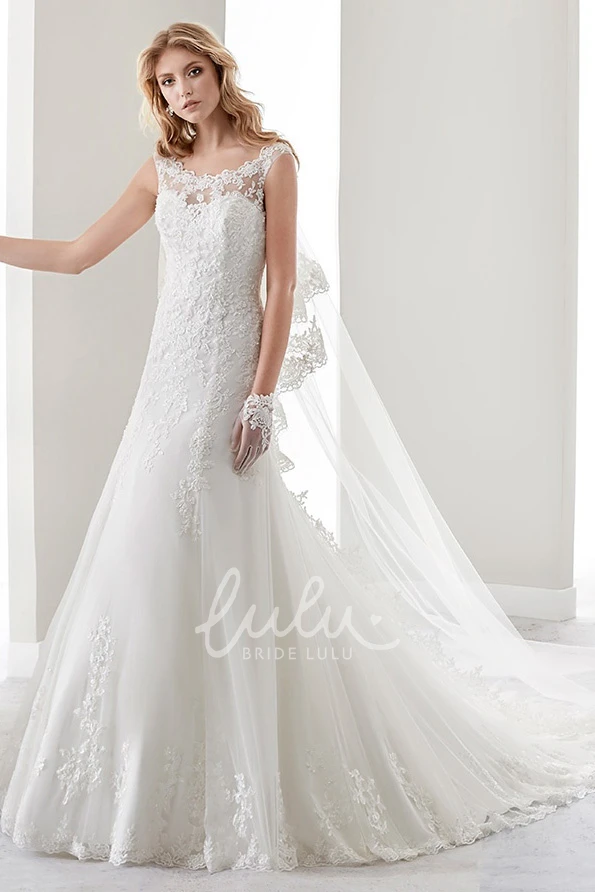 Lace Wedding Dress with Brush Train Cap Sleeves and Illusive Neckline and Back