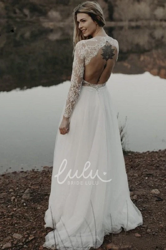 Elegant Lace and Tulle Wedding Dress with Long Sleeves and Keyhole