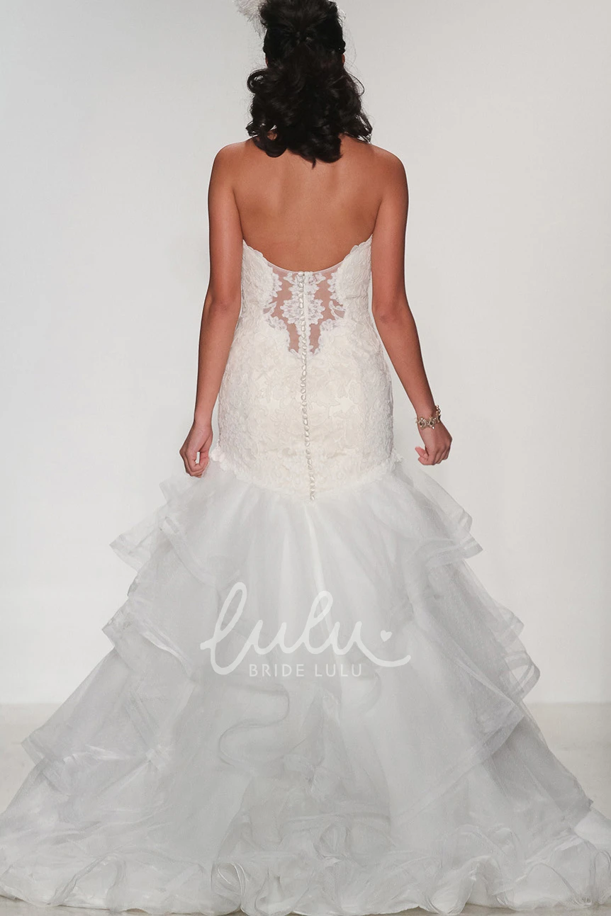 Organza and Lace Tiered Wedding Dress with Appliques and Deep-V Back A-Line Style