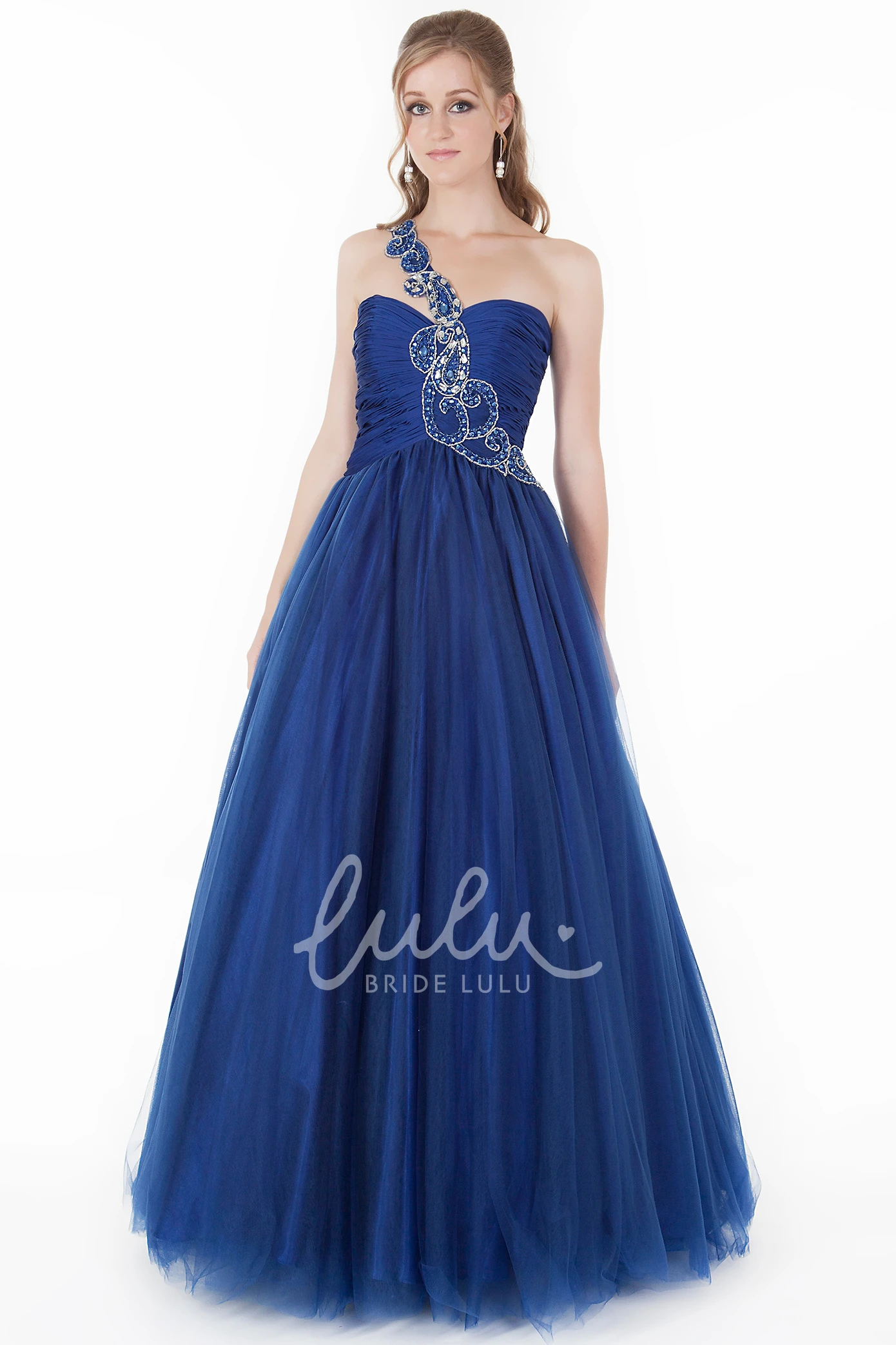 One-Shoulder Beaded A-Line Tulle Prom Dress with Pleats Long Sleeveless