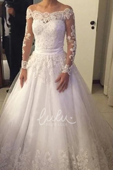 A-line Lace Gown with Long Sleeves Pleats and Bow Belt