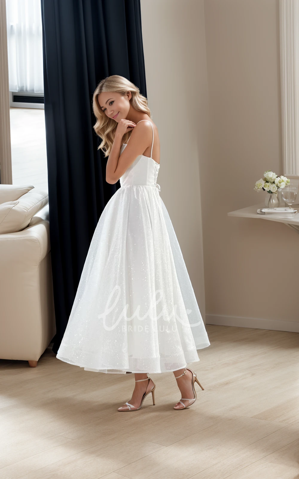 Simple A-Line Modern Sparkly Midi Spaghetti Wedding Dress Corset Back Ankle Length Gown