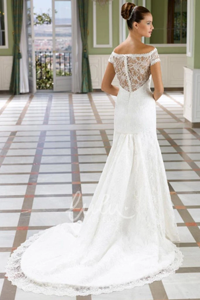 Short-Sleeve Illusion Lace Wedding Dress with V-Neck Sheath