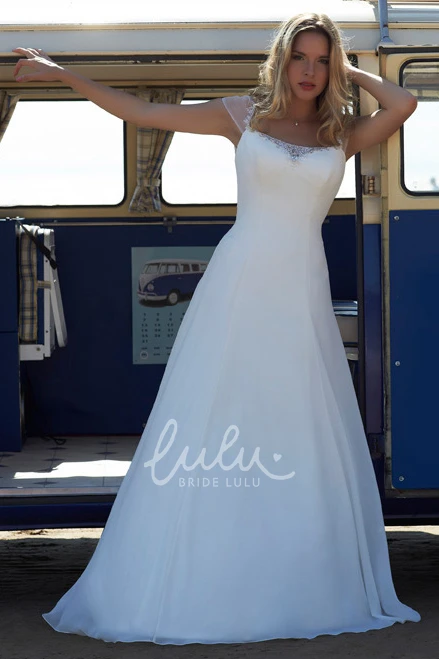 Chiffon A-Line Wedding Dress with Cap Sleeves and Illusion Beading