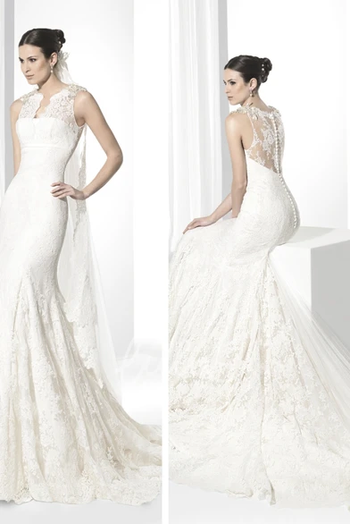 Sleeveless Lace Trumpet Jewel-Neck Wedding Dress Elegant Bridal Gown