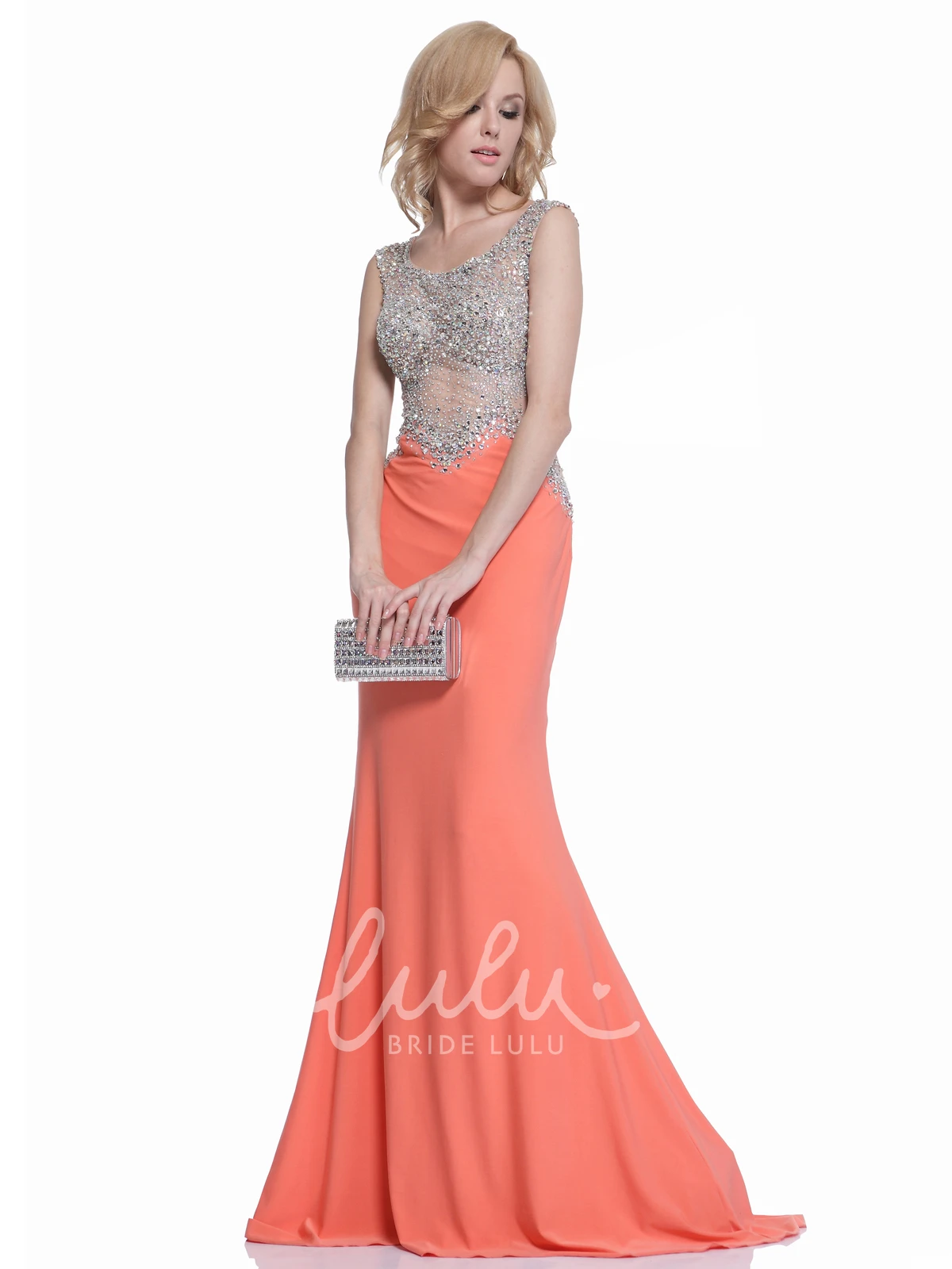 Sleeveless Jersey Illusion Formal Dress with Beading and Scoop Neck