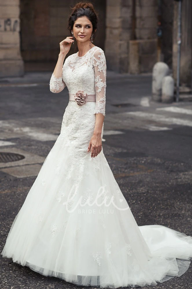 Lace&Tulle Maxi Wedding Dress with 3-4-Sleeves and Flower Unique Wedding Dress