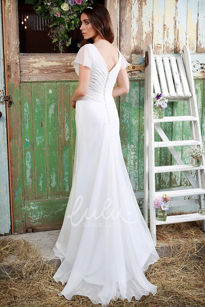 Criss Cross Chiffon Wedding Dress Sheath V-Neck Poet Sleeves