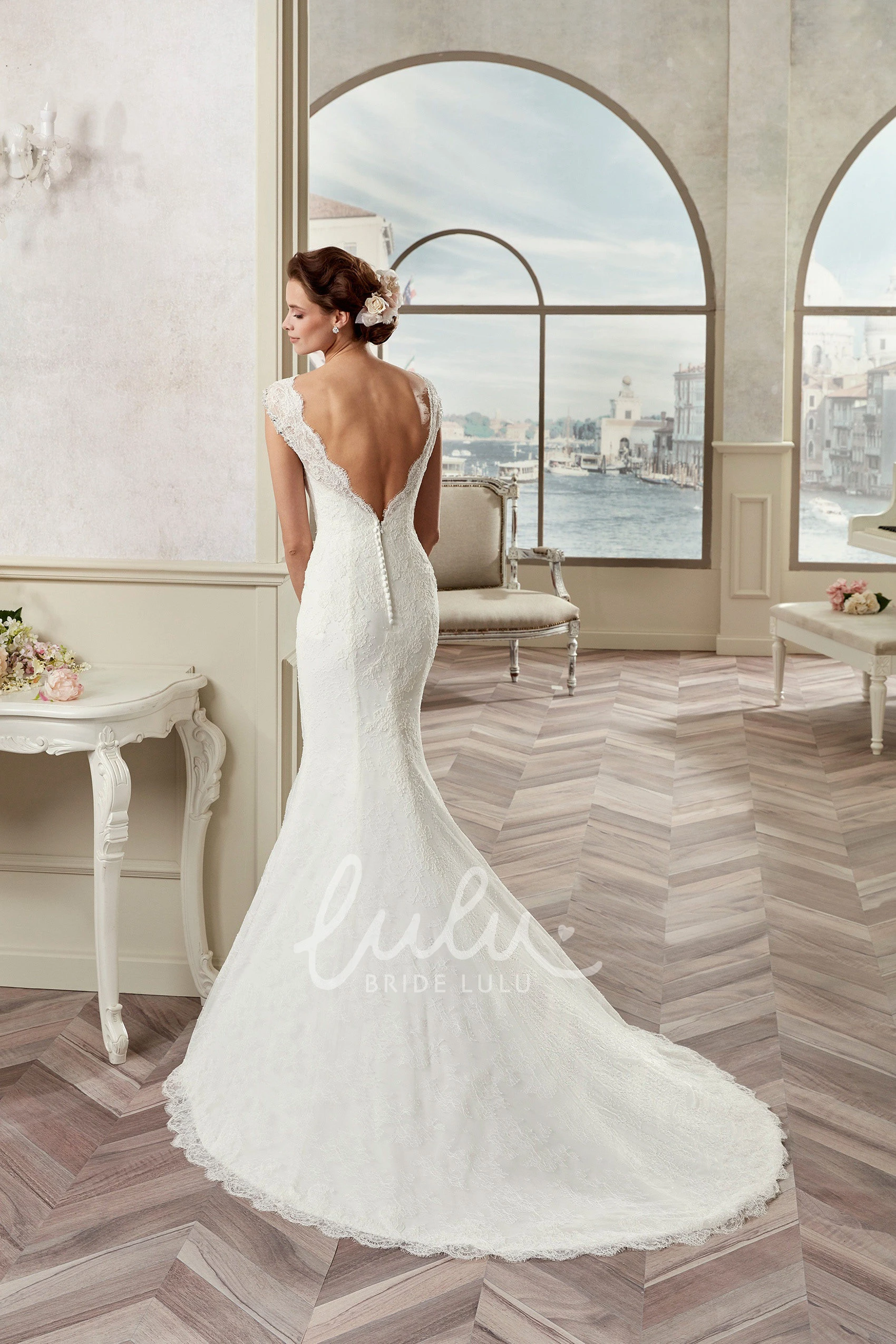 Cap Sleeve Lace Open Back Wedding Dress with Brush Train Classy and Modern