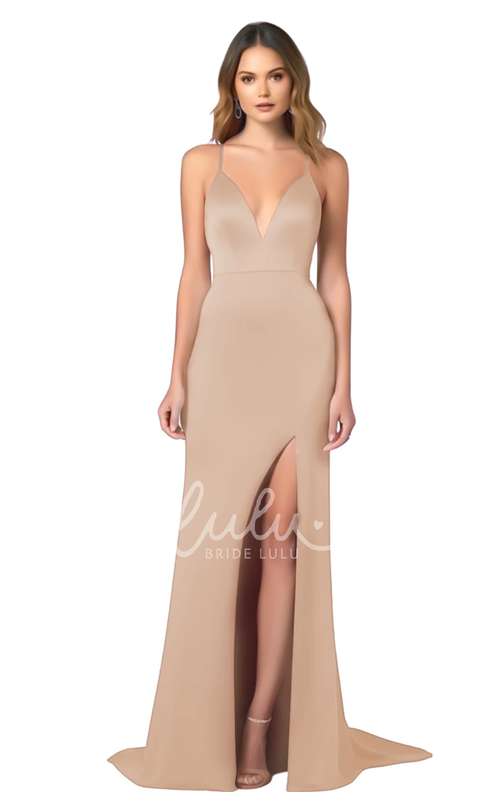 Modern Satin A-Line Spaghetti V-neck Bridesmaid Dress with Front Split Elegant Wedding Dress