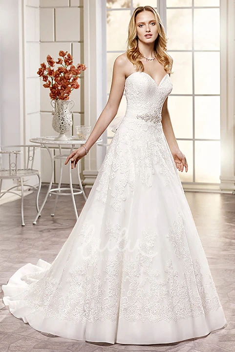 A-Line Sweetheart Floor-Length Lace&Satin Wedding Dress with Jeweled Appliques and Sash