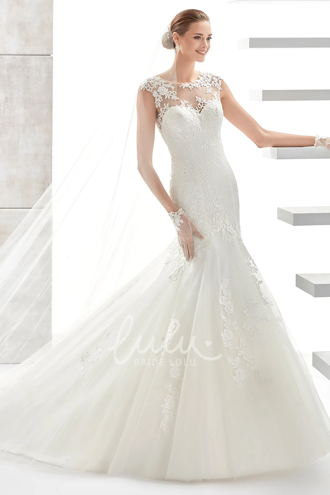 Illusive Mermaid Wedding Dress with Court Train and Jewel Neckline