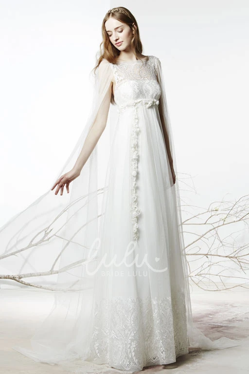 A-Line Floral Tulle Wedding Dress with Beading Long Sleeveless Bateau