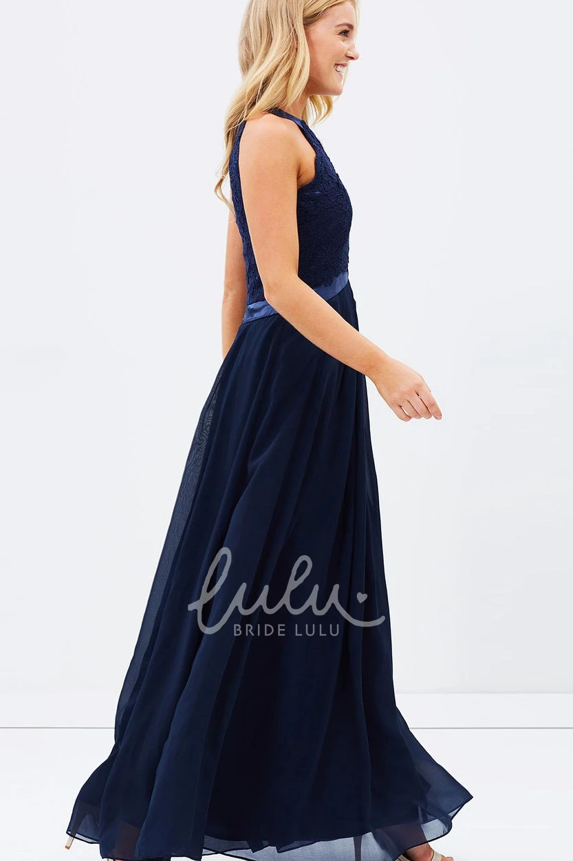 Appliqued Sleeveless A-Line Bridesmaid Dress with Ankle-Length and Zipper Back Flowy Bridesmaid Dress