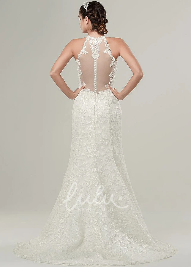 Illusion Long Lace Wedding Dress with High Neck & Sweep Train