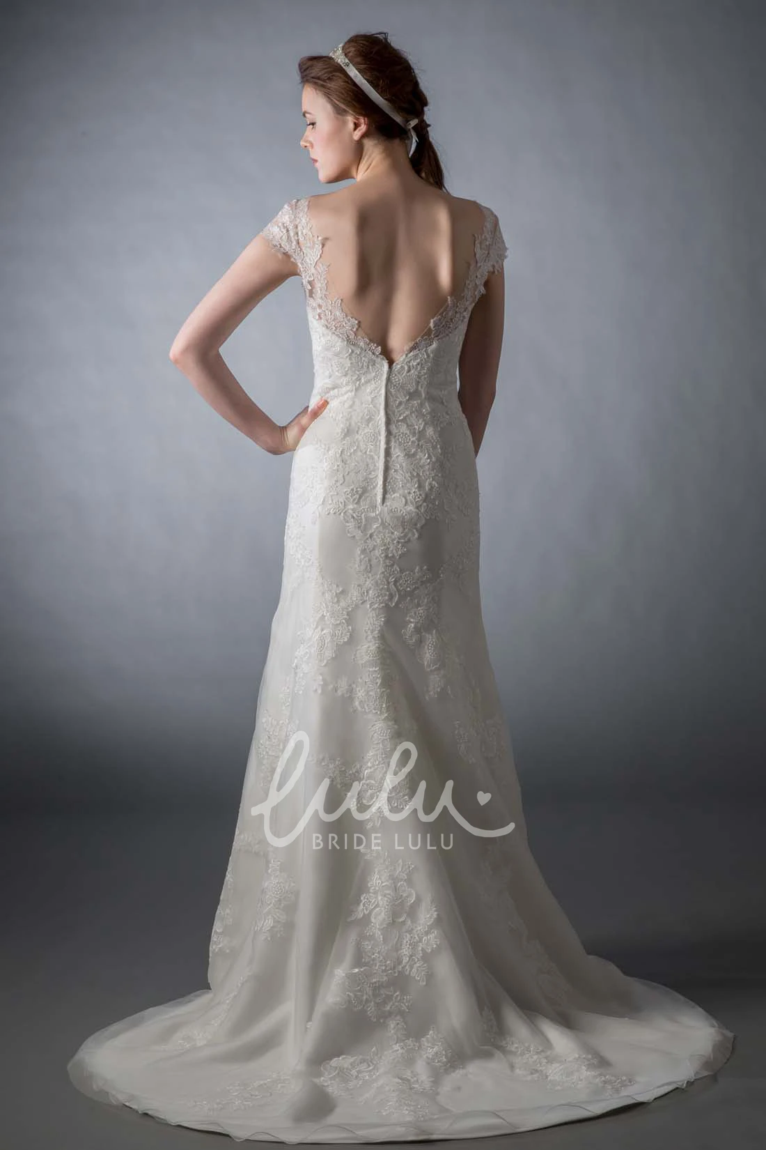 Mermaid Appliqued Tulle Wedding Dress Cap Sleeve Bateau Neck