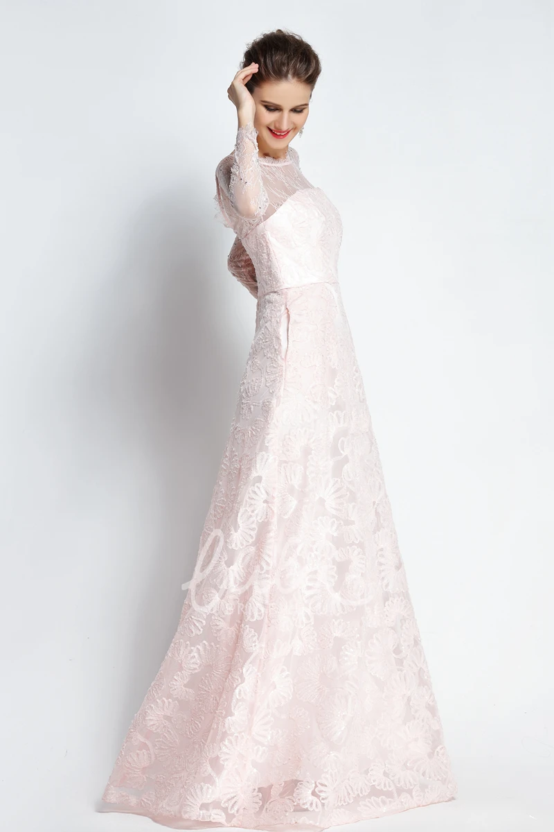 Bateau Scalloped Lace A-Line Prom Dress with Beading and Pockets Long Sleeve