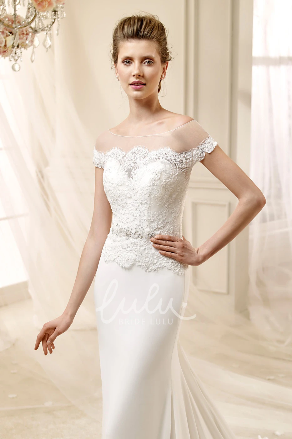 Beaded Lace Wedding Dress with Jewel Neckline and Satin Skirt Elegant Wedding Dress