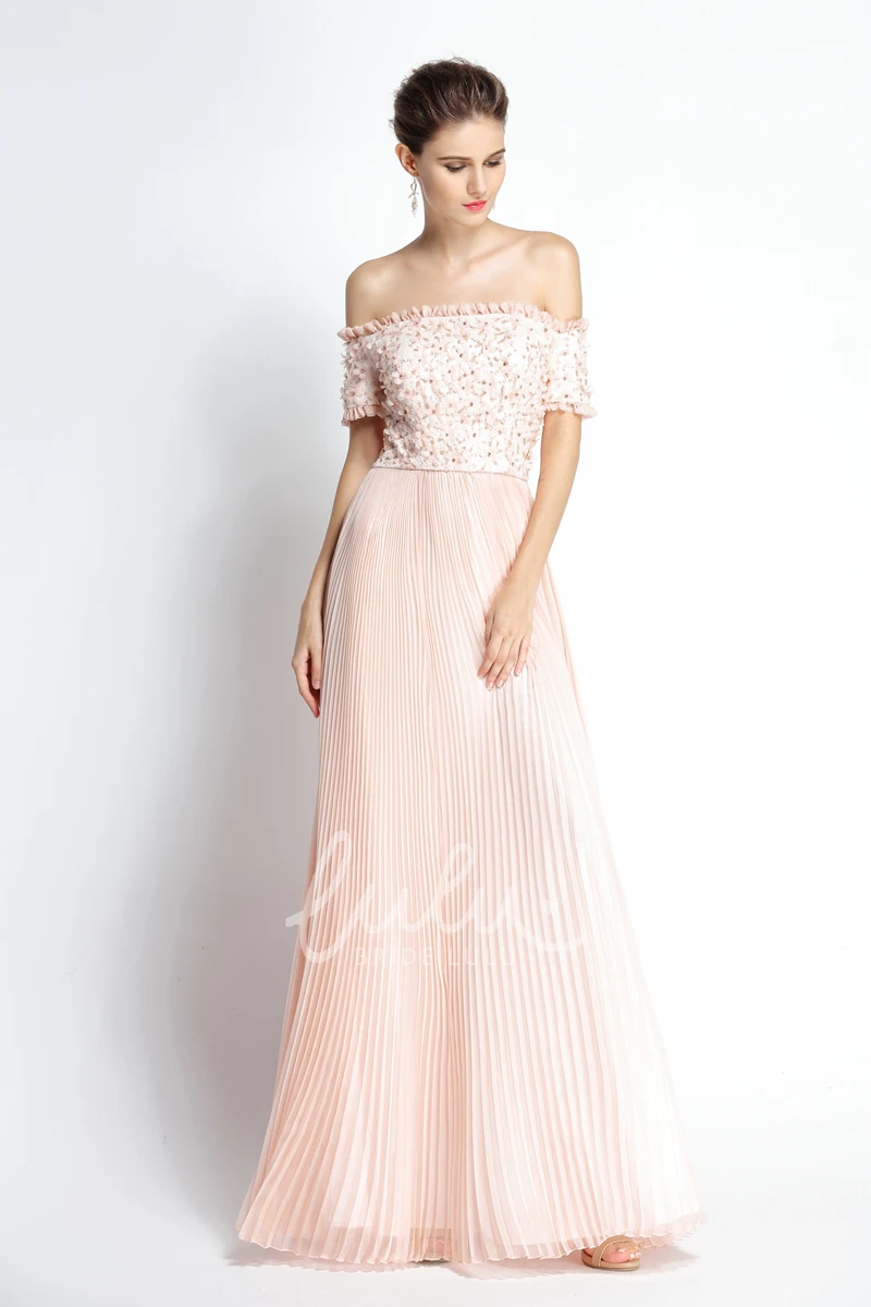 A-Line Off-the-shoulder Chiffon Prom Dress with Beading Knee-length Short Sleeve