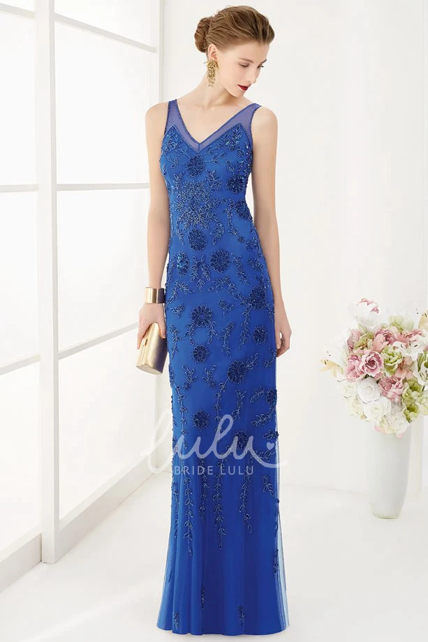 Sheath Long Dress with Crystal Flowers & V-Back Elegant Formal Dress