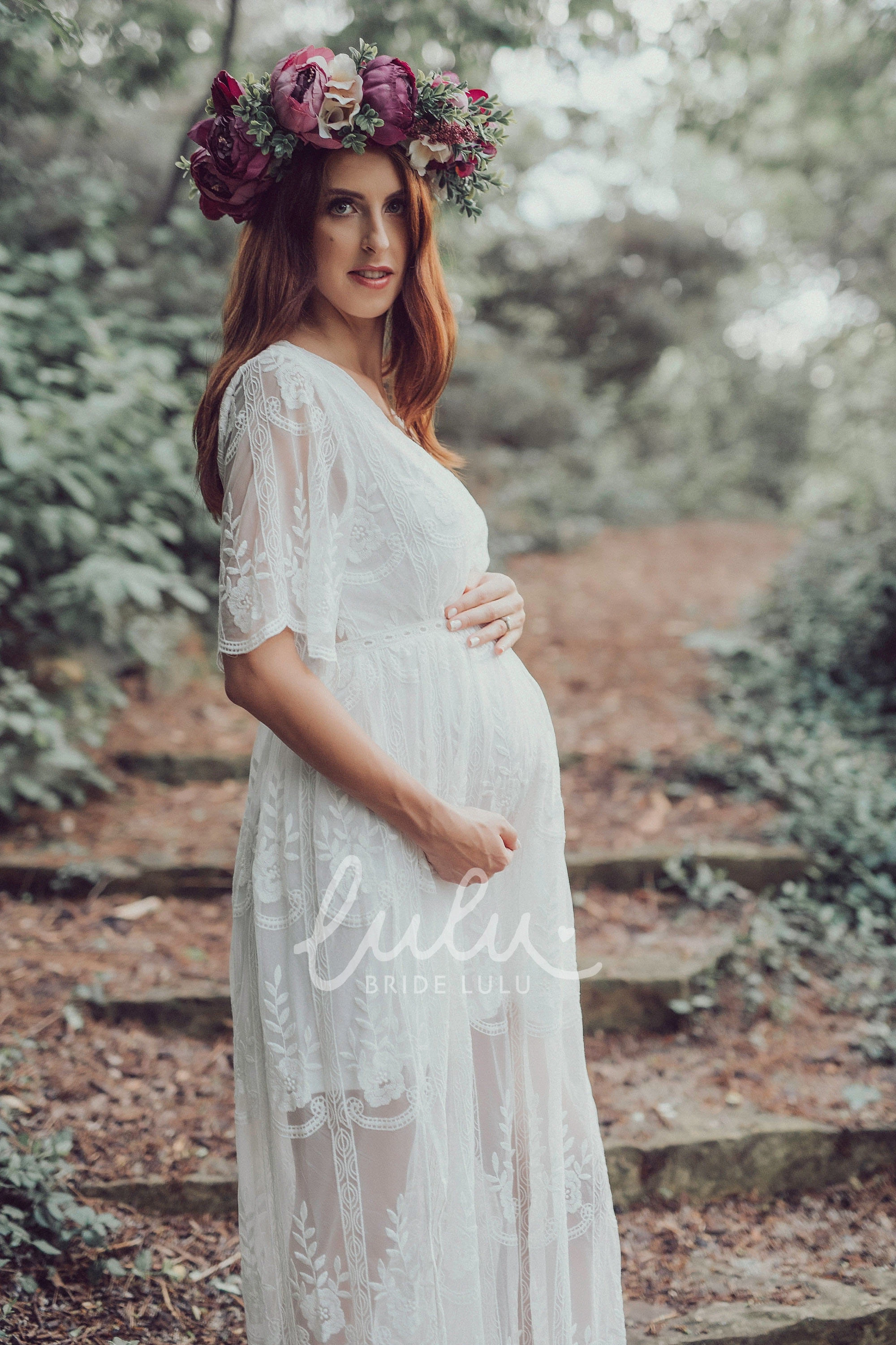 Half Sleeve Empire Maternity Wedding Dress in Floor-length Sheath