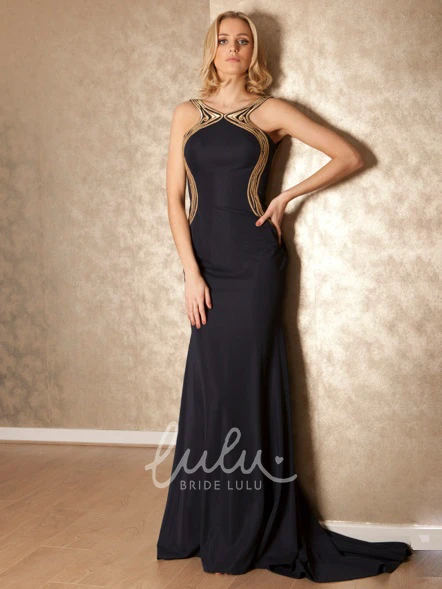 Backless Jersey Prom Dress with Sweep Train Sleeveless Sheath Floor-Length