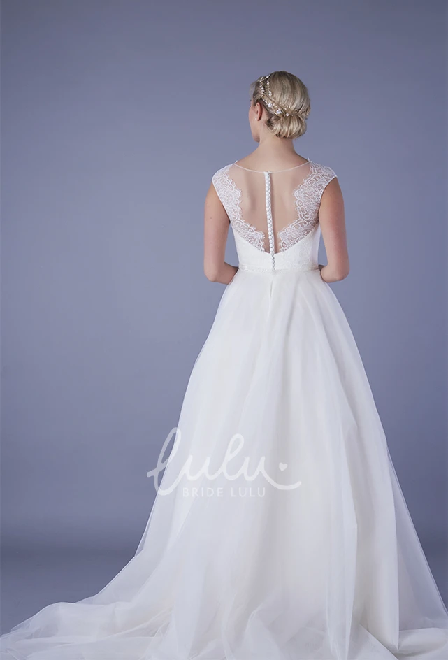 A-line Tulle Ball Gown with Illusion Lace V-neck and Back for Brides