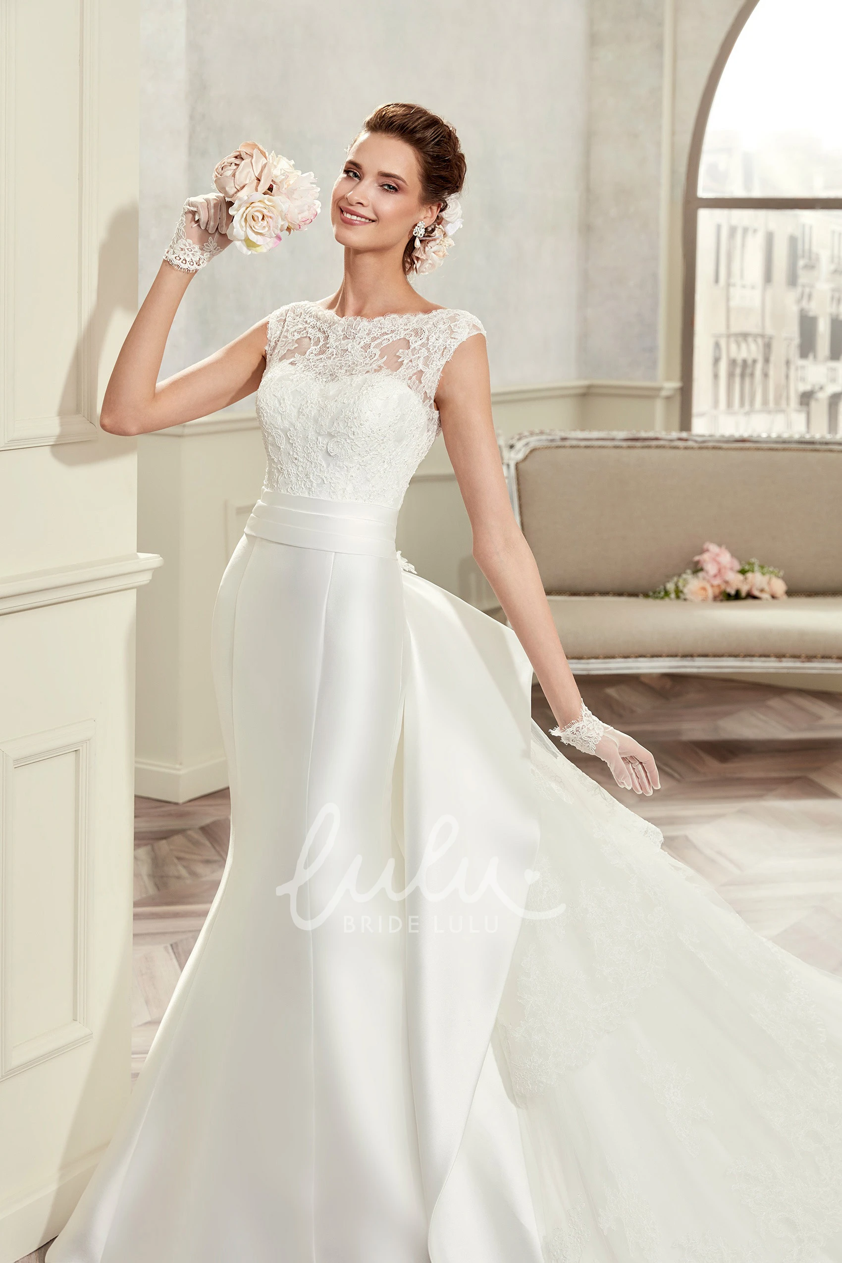 Satin Wedding Dress with Detachable Train Back Bow and Cap Sleeves