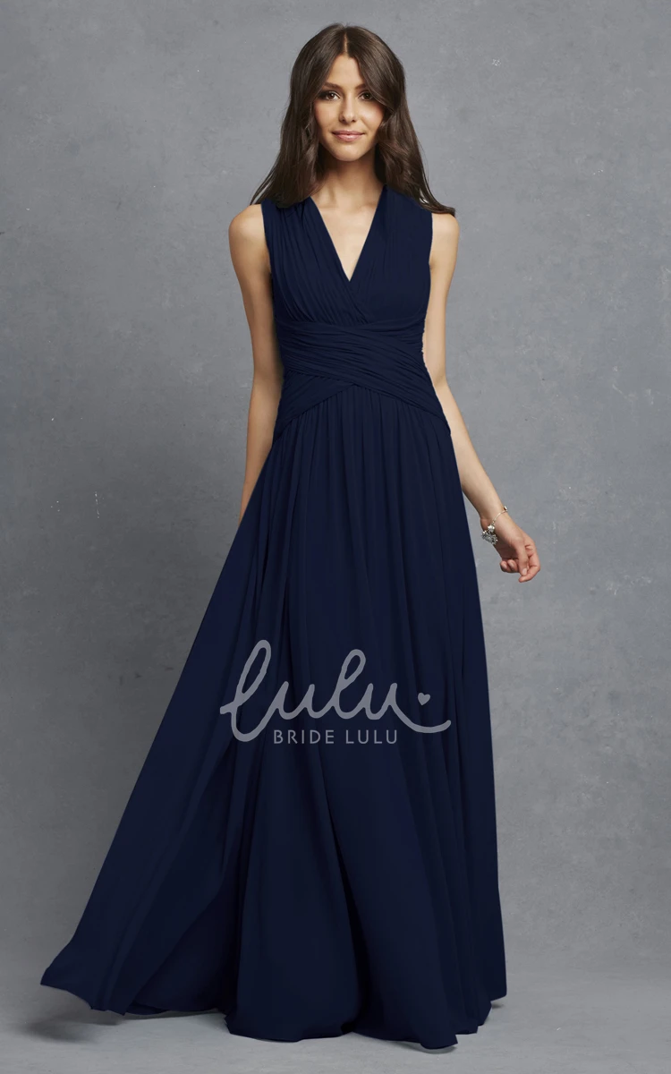 V-Neck Sleeveless Chiffon Dress with Ruching and Crisscross Detail
