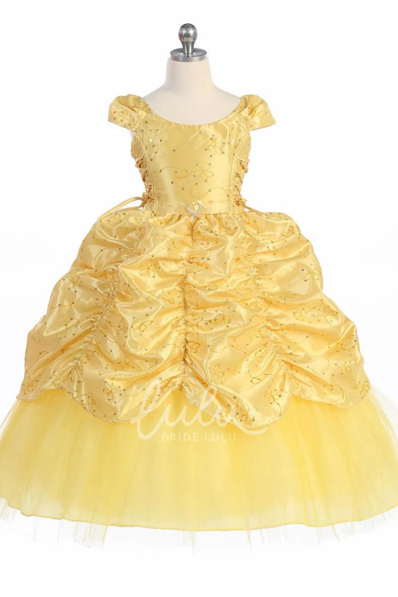 Ankle-Length Embroidered Lace and Taffeta Flower Girl Dress with Brooch