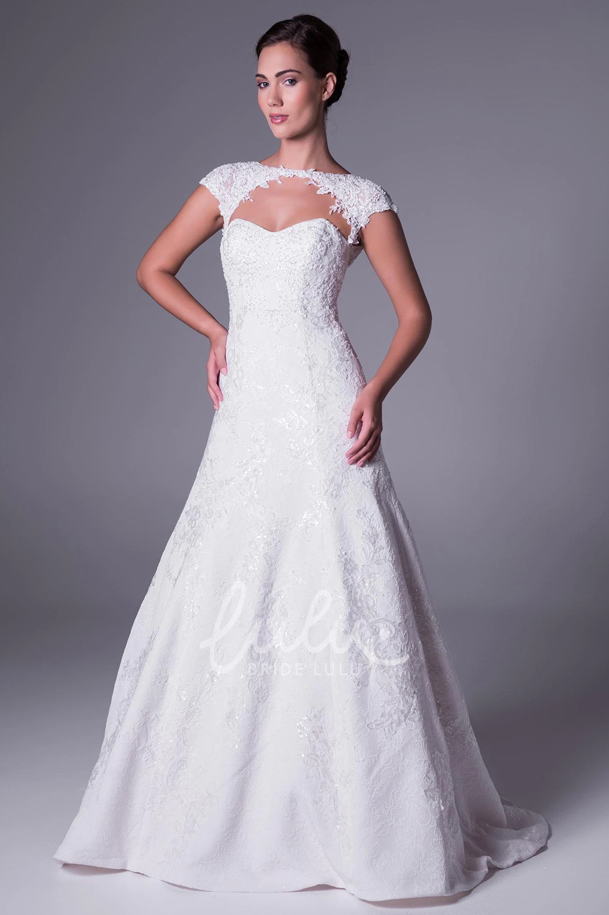 High Neck Cap-Sleeve Lace A-Line Wedding Dress with Illusion Elegant