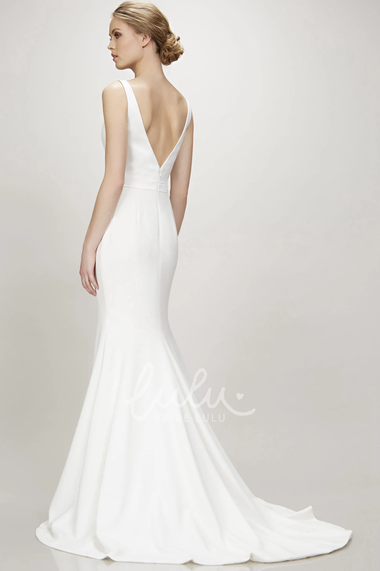 V-Neck Sweep Train Wedding Dress with Backless Design