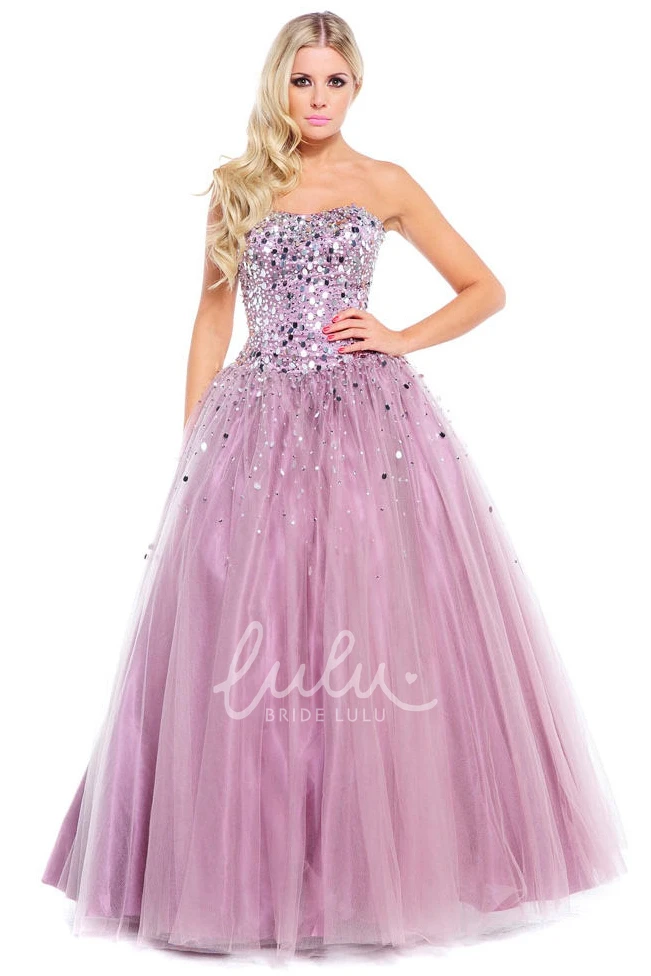 Sequined Tulle Strapless Prom Dress Ball Gown Style with Beading and Bow