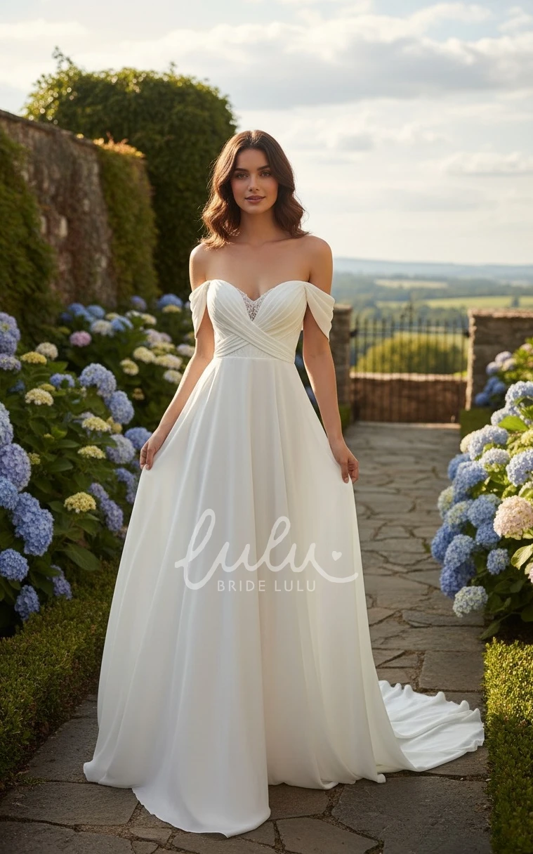 Elegant Princess Off-the-Shoulder Wedding Dress Sleeveless Ruching A-Line Chiffon Gown with Pleated