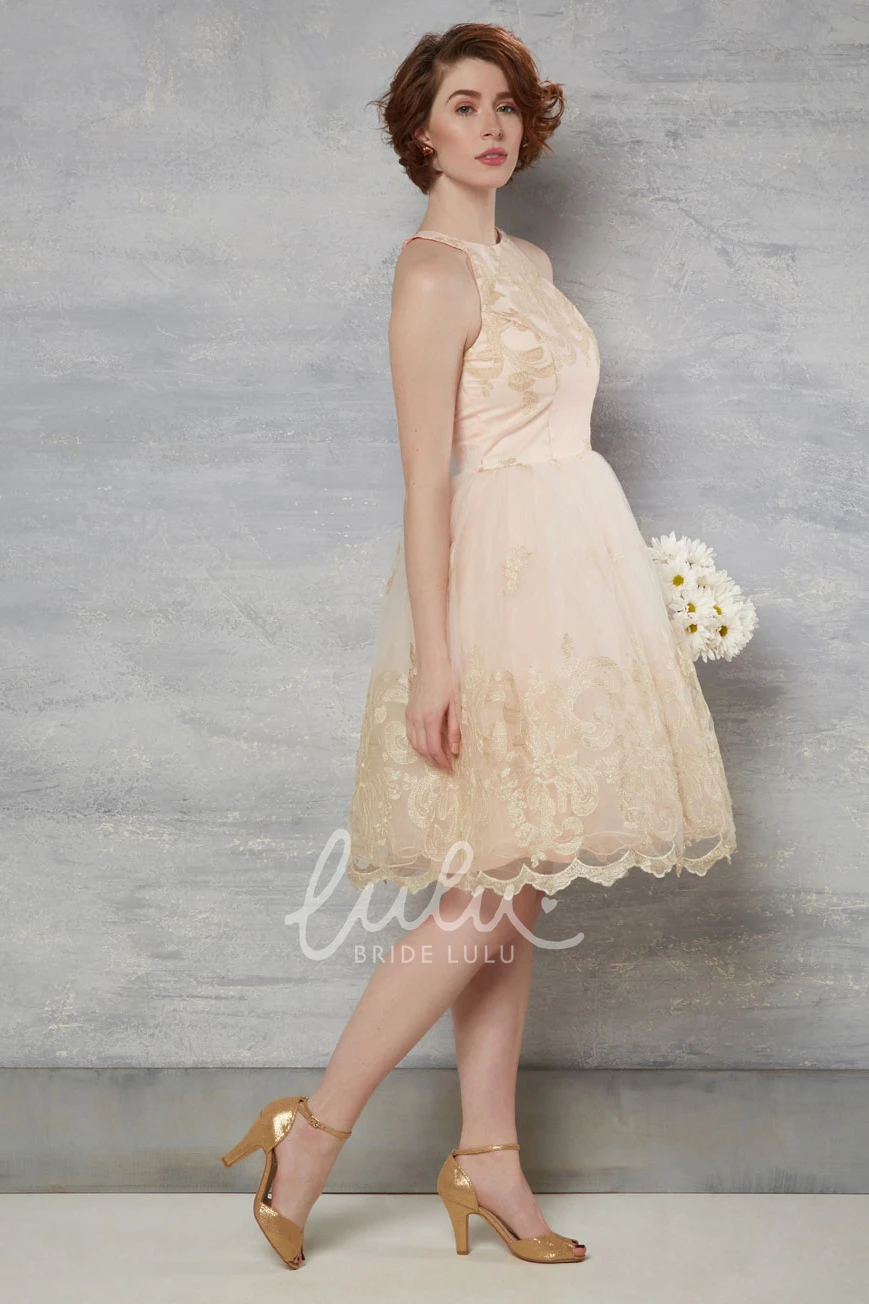 Tulle Wedding Dress with Appliques High Neck Sleeveless Knee-Length A-Line