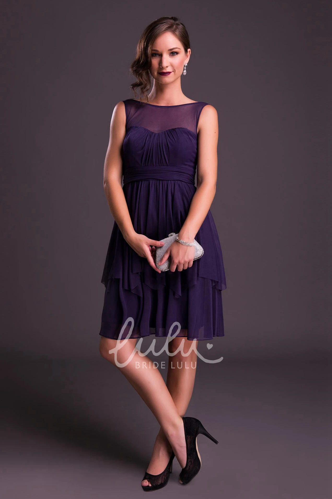 Ruched Chiffon Bridesmaid Dress Short Sleeveless Bateau Neck