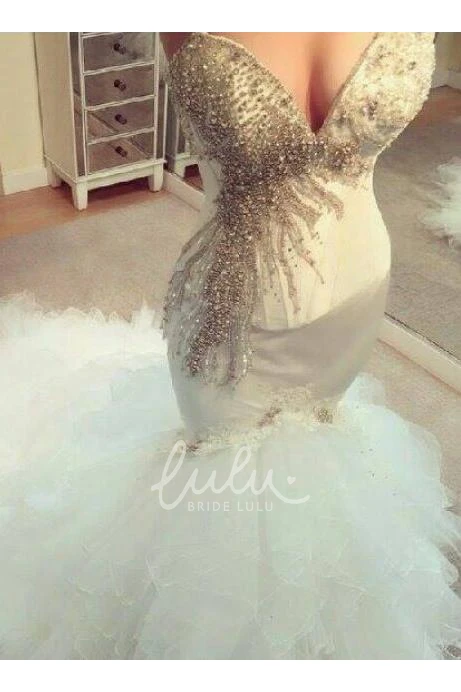 Glamorous Mermaid Beadings Tulle Wedding Dress Long Train