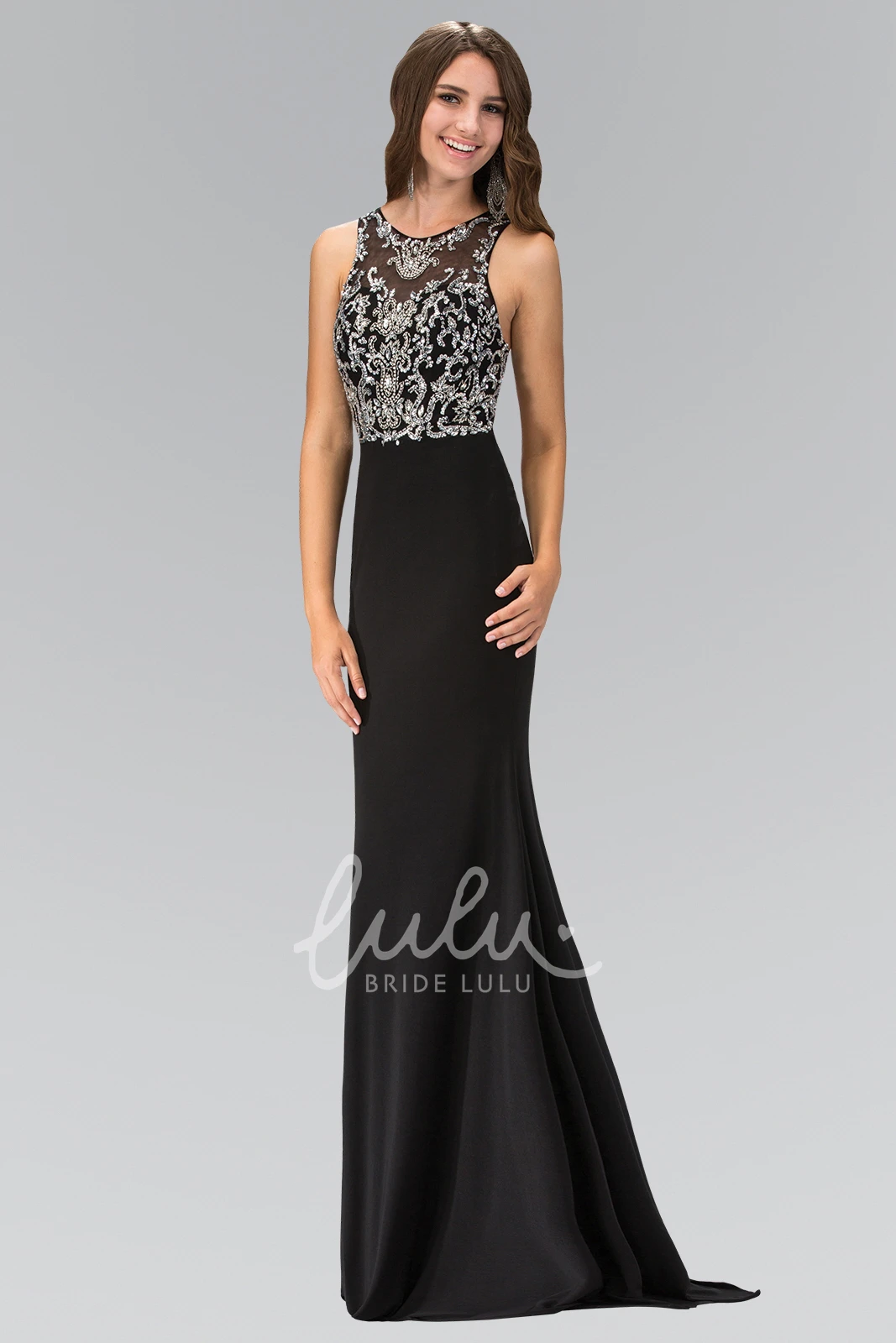 Strappy Sheath Jersey Dress with Scoop Neck and Beading