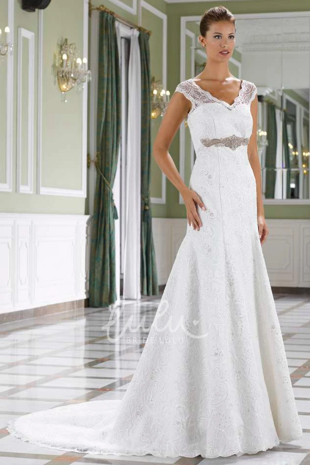 Jeweled V-Neck Lace Winter Wedding Dress with Cap Sleeves and Court Train A-Line