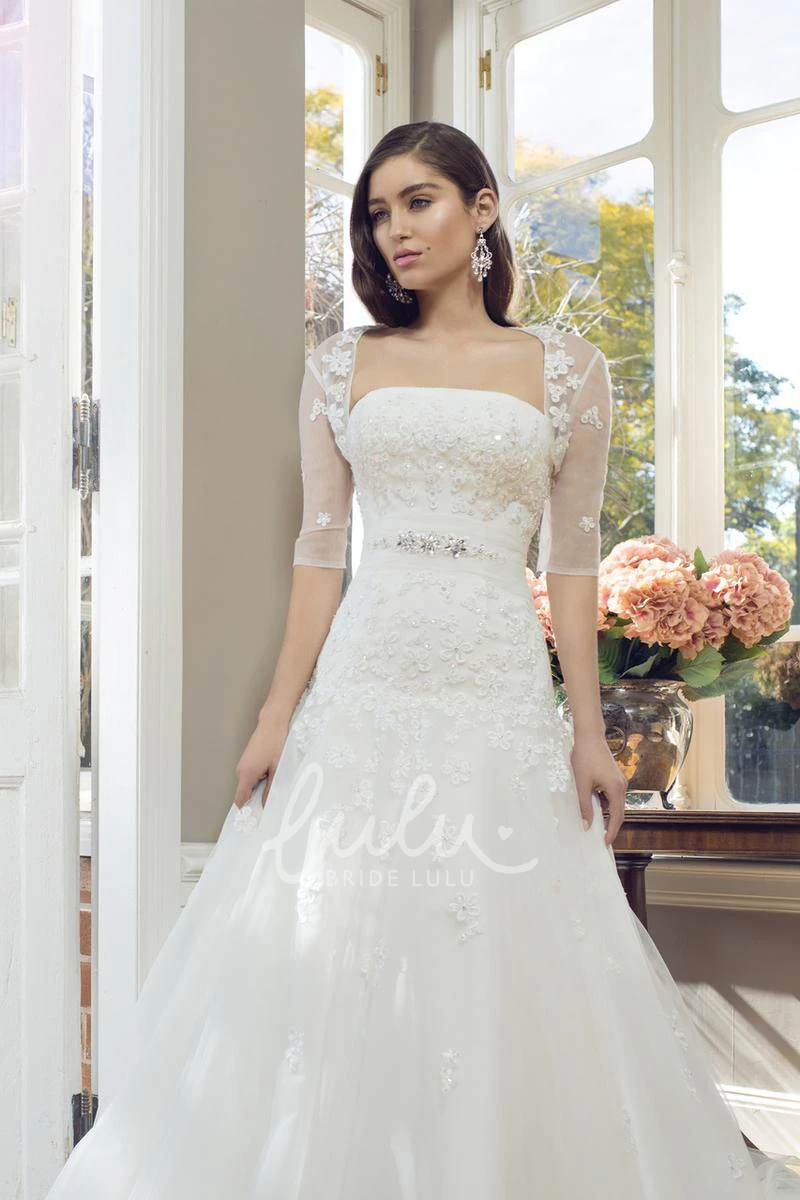Appliqued Lace&Tulle Spring Wedding Dress with Waist Jewelry A-Line