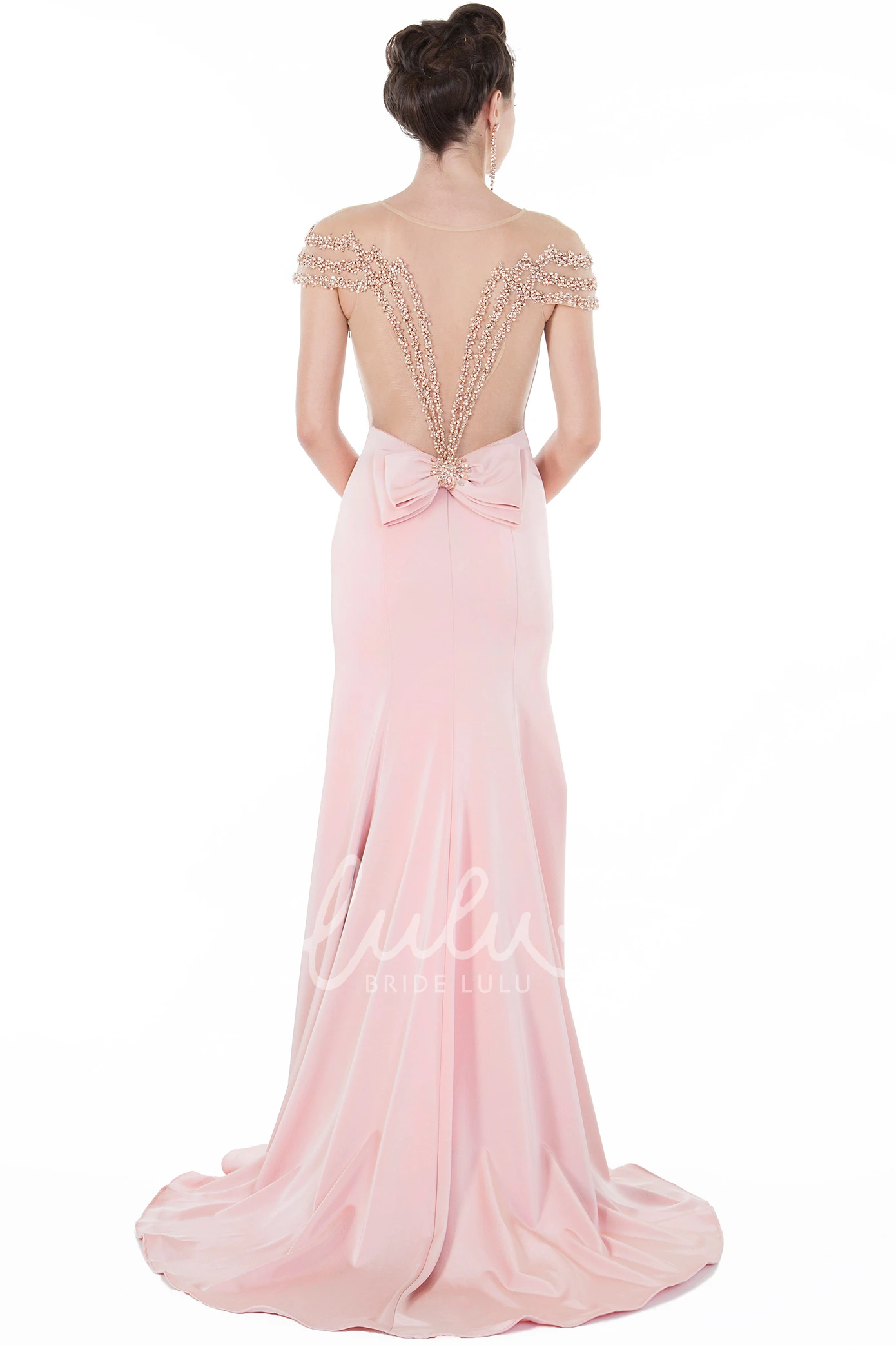 Beaded Cap-Sleeve Floor-Length Sheath Formal Dress with Bow