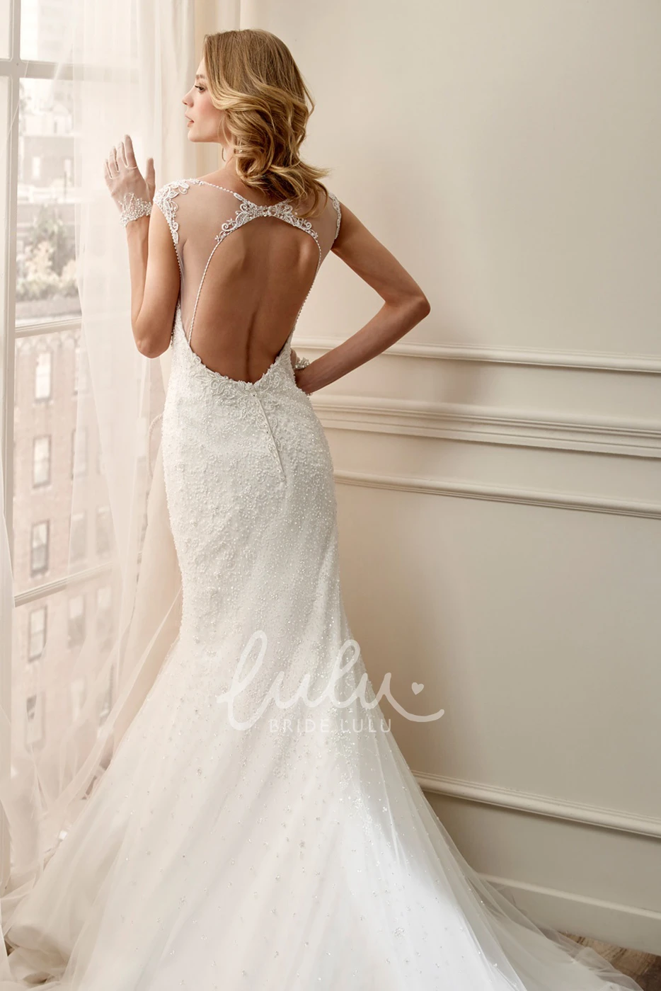 Long Lace Wedding Dress with Cap Sleeves Open Back and Court Train