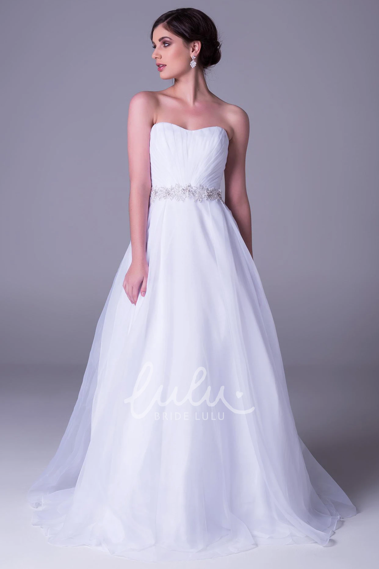 Jeweled Tulle A-Line Wedding Dress with Ruching and V-Back