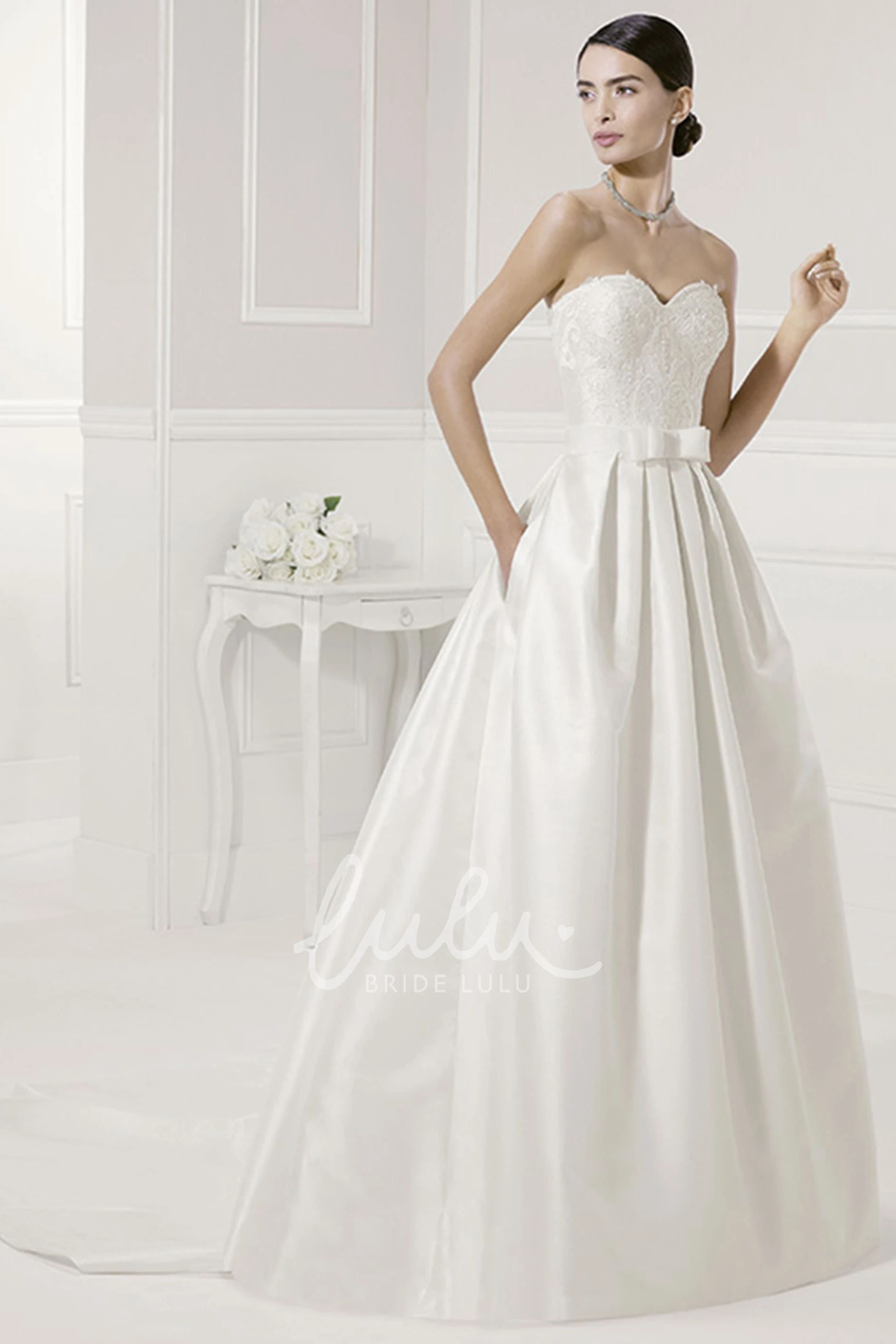 Lace Bodice Taffeta Wedding Dress With Removable Appliqued Top Classic Look