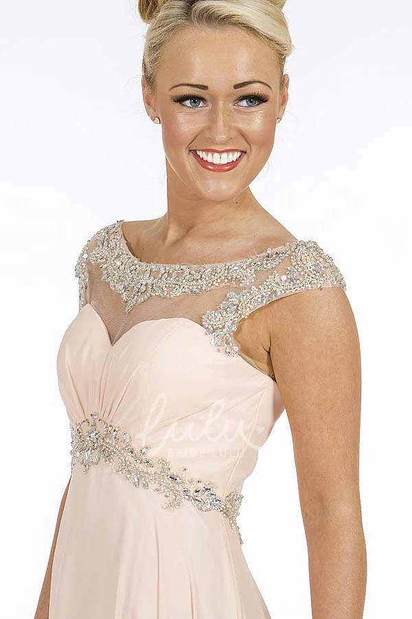 Beaded Cap-Sleeve Chiffon Prom Dress with Empire Waist and Ruching A-Line