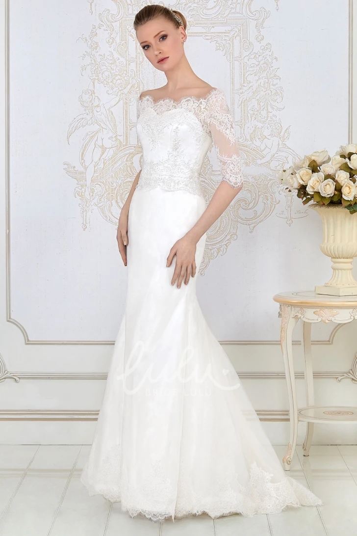 Half-Sleeve Lace and Satin Sheath Wedding Dress Floor-Length and Bateau-Neck